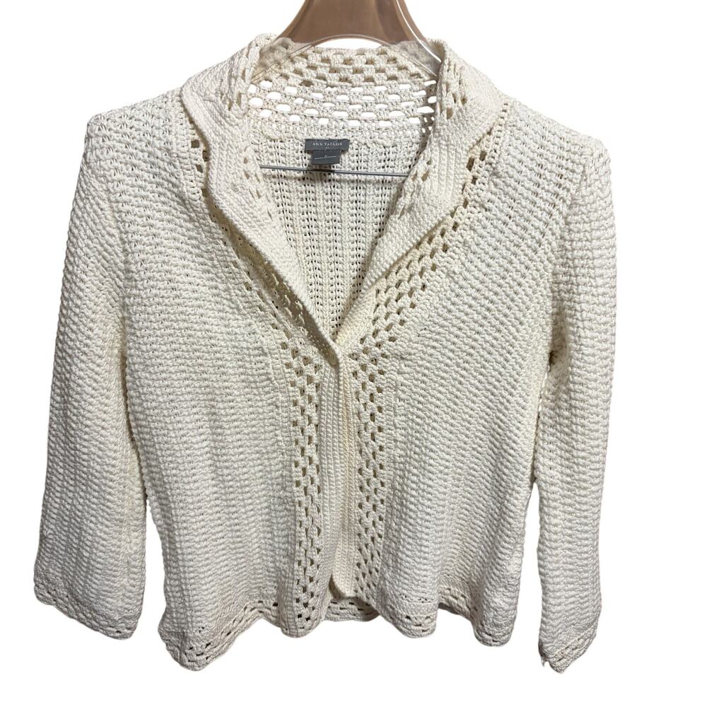 Ann Taylor Crochet Blazer Style Cardigan Size S Cream 100% Cotton
